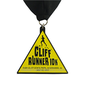 custom triangle running medals with yellow color