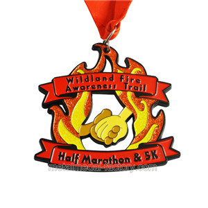 custom fire shape glitter half marathon medals for sale